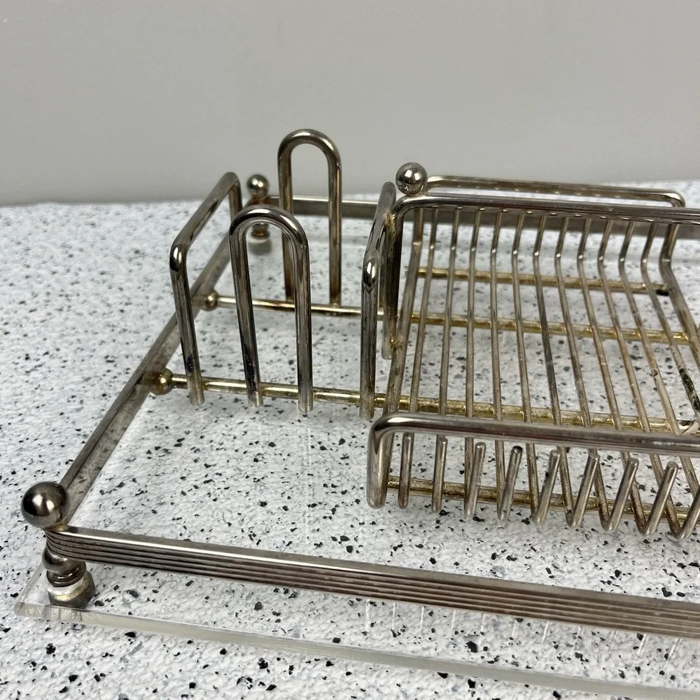 Vintage Acrylic & Chrome Tray Letter Holder Desk Organizer Vanity‎ Tray